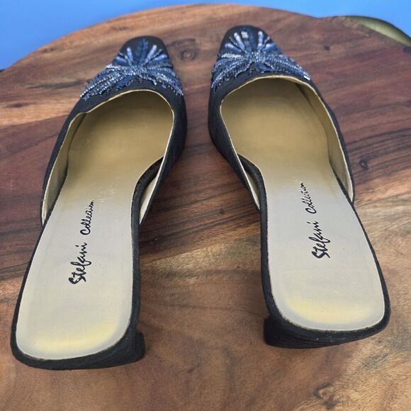 RARE Stefani Collection Beaded Silk Dress Mules Women's US8 Feather Design Black - Picture 8 of 13